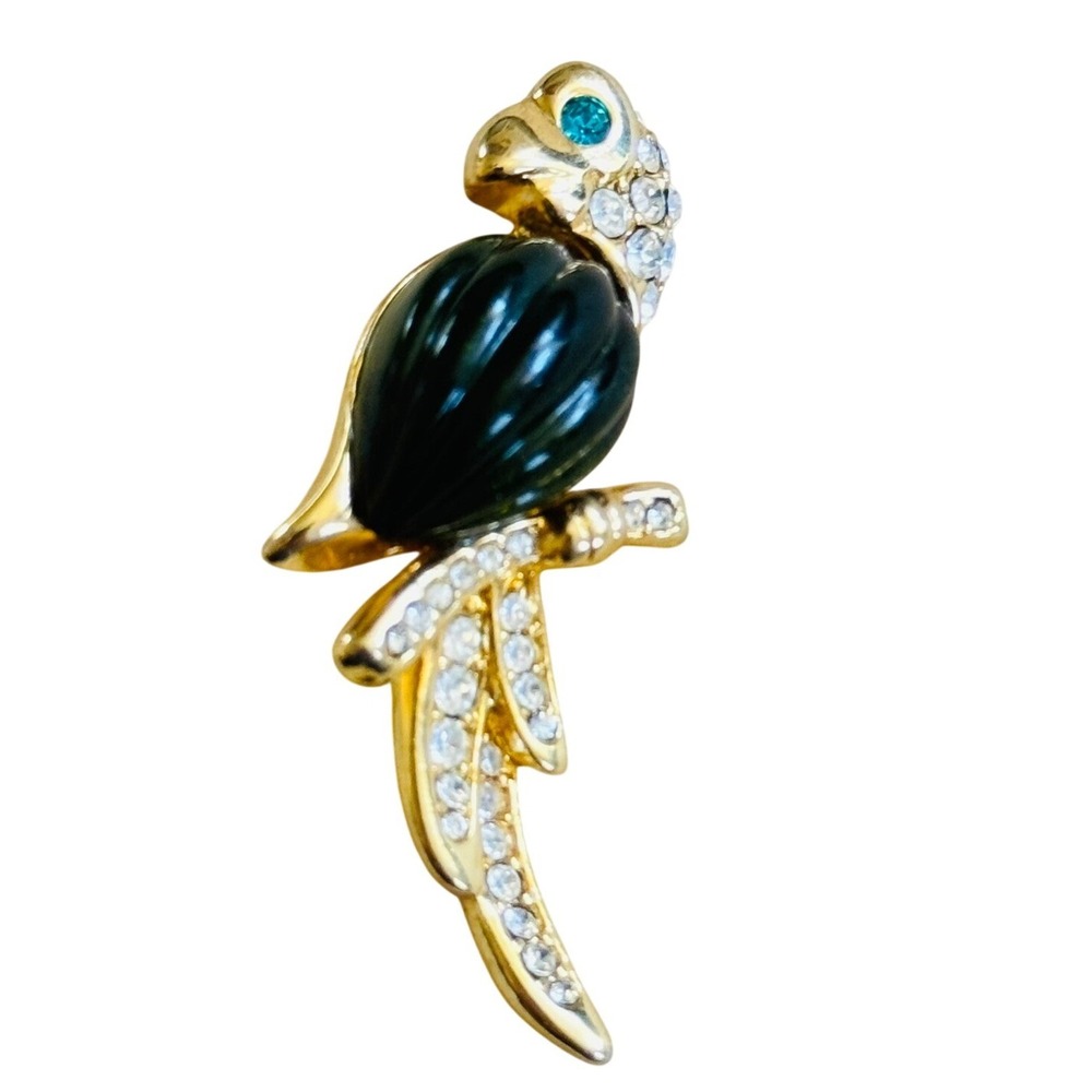 VTG Whimsical Exotic Bird Brooch Pin Jesara Jelly Belly Rhinestone Gold Tone 80s